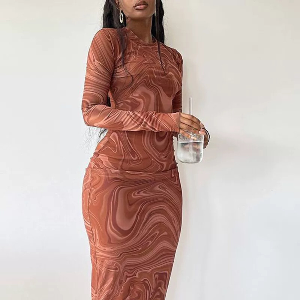 ZARA Feng Fall Long Sleeve Floral Print Round Neck Slim Fit Midi Dress Womens
